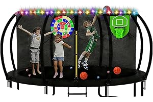 SUMAPNER Trampoline Accessories Kit Kids,Basketball Hoop with 3 Mini Basketballs,50FT Solar Lights Fit 8 10 12 14 15 16FT Trampoline Outdoor 8 Mode,Choose from 2 Kits with Sprinkler or Dart Board & Glow Net