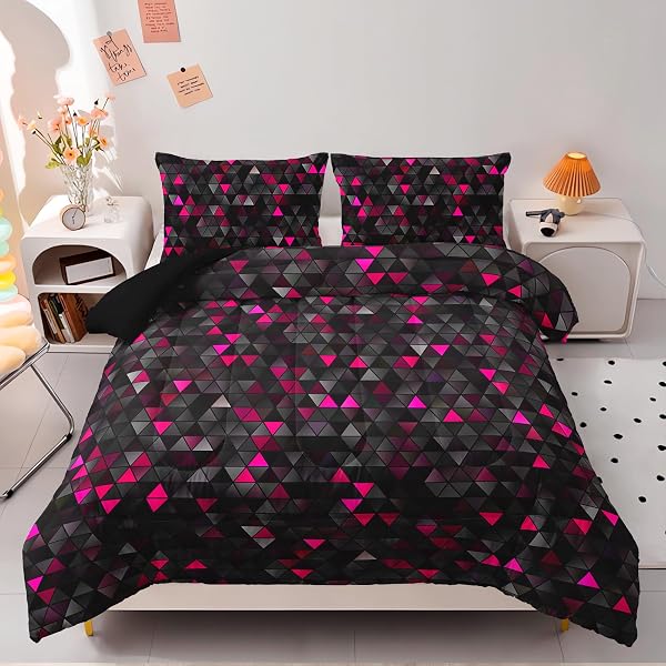 NTTOPSHIP GEOMETRIC PINK BLACK COMFORTER SET,TRIANGLE HONEYCOMB 3...