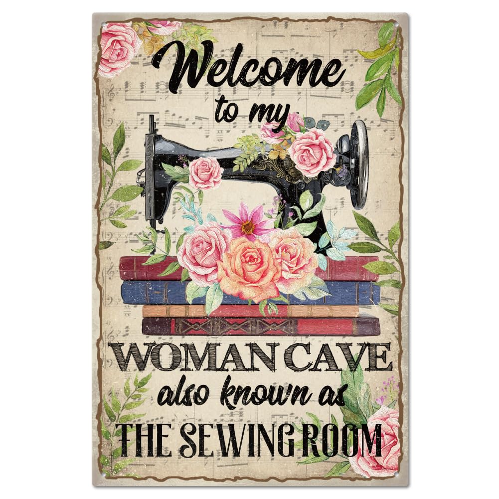 GLOBLELAND "Welcome To My Women Cave" Vintage Metal Tin Sign Plaque Poster 8×12inch Retro Sewing Metal Wall Decorative Tin Painting Signs for Home Bar Shop Club Orchard Decoration