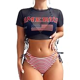 Sexybody Women's 3 Piece Swimsuit Halter String Bikini Tie Side Mesh Short Sleeve Bathing Suits
