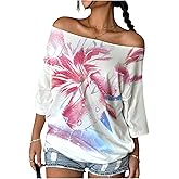 SweatyRocks Women's Oversized Off The Shoulder Tops Y2k Half Sleeve Floral Graphic T Shirts