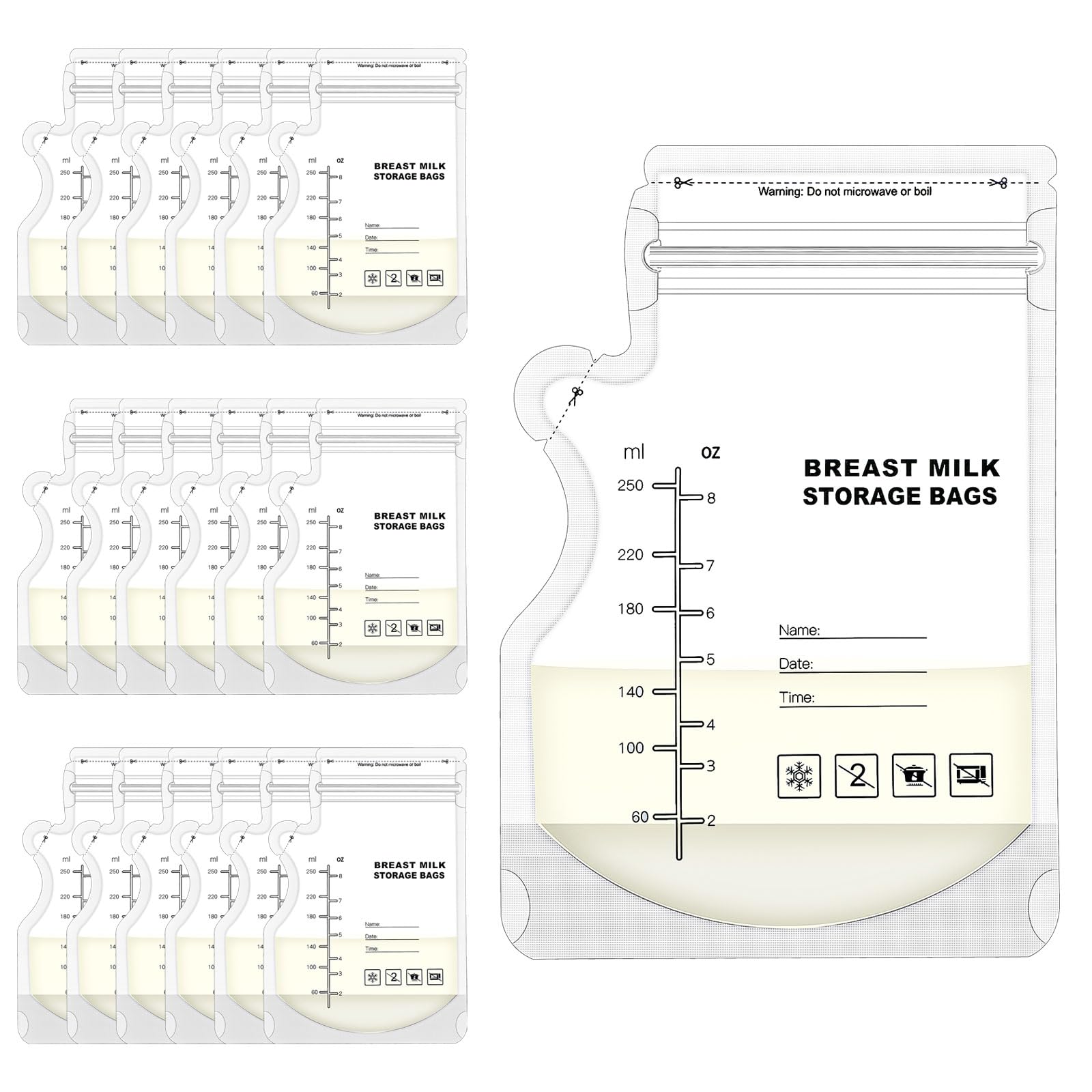 100 Pcs Breast Milk Storage Bags, 250ml Disposable Milk Storage Bags with Pour Spout for Breastfeeding No-Leak Milk Freezer Storage Pouches for Breast Milk Storage