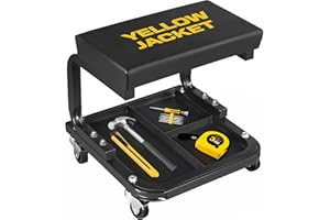 YELLOW JACKET Mechanic Rolling Stool 250 Lbs Capacity, Garage Stool on Wheels with Tool Tray Storage, Work Stools with Wheels for Garage, Shop, Mechanic Chair with Wheels, Auto Repair