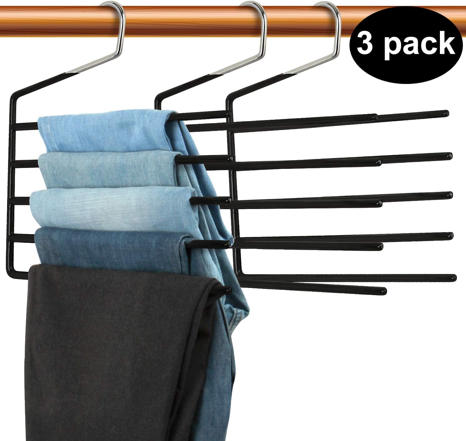 DOIOWN Pants Hangers 3 Pack Open Ended Trouser Hangers Non Slip Space Saving Hangers Closet Organizer for Pants, Dress, Slacks, Scarfs (3, Black)