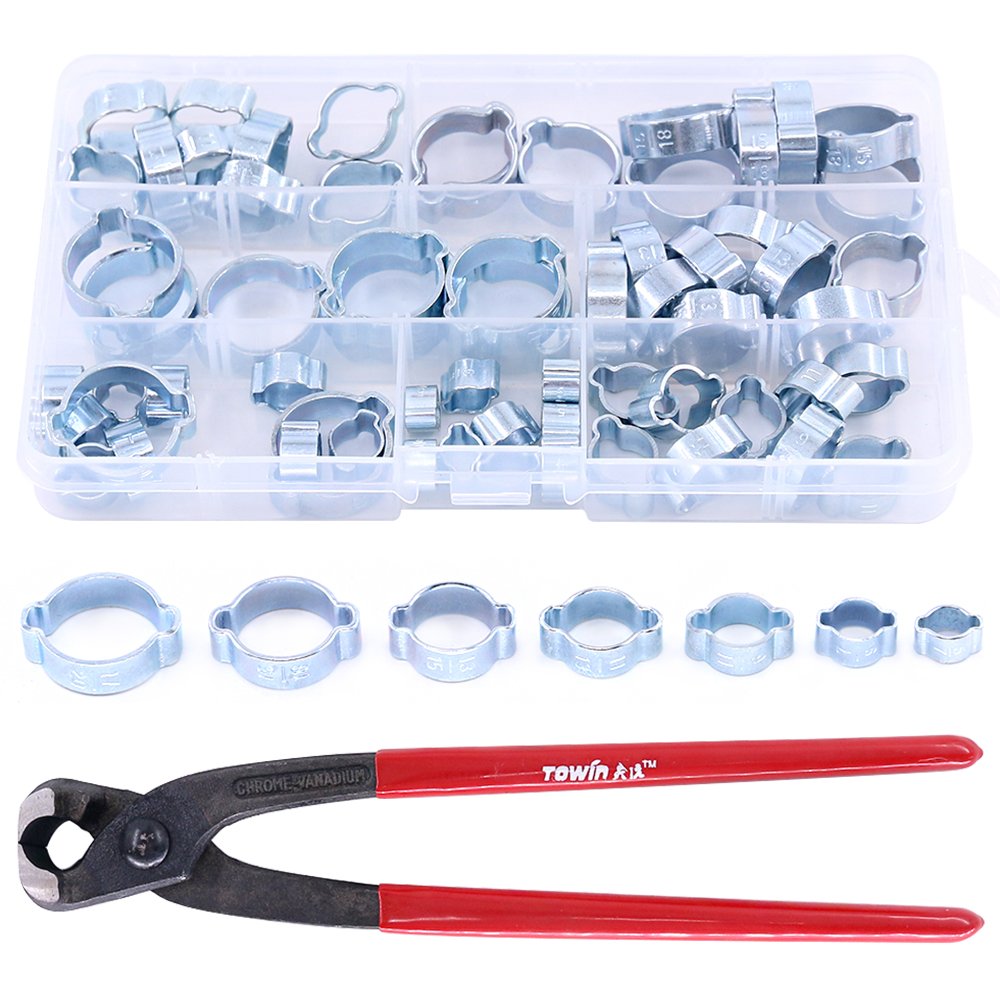 Glarks 70 Pcs Galvanized Double Ear Hose Fuel Clamps with Standard Jaw Pliers Set