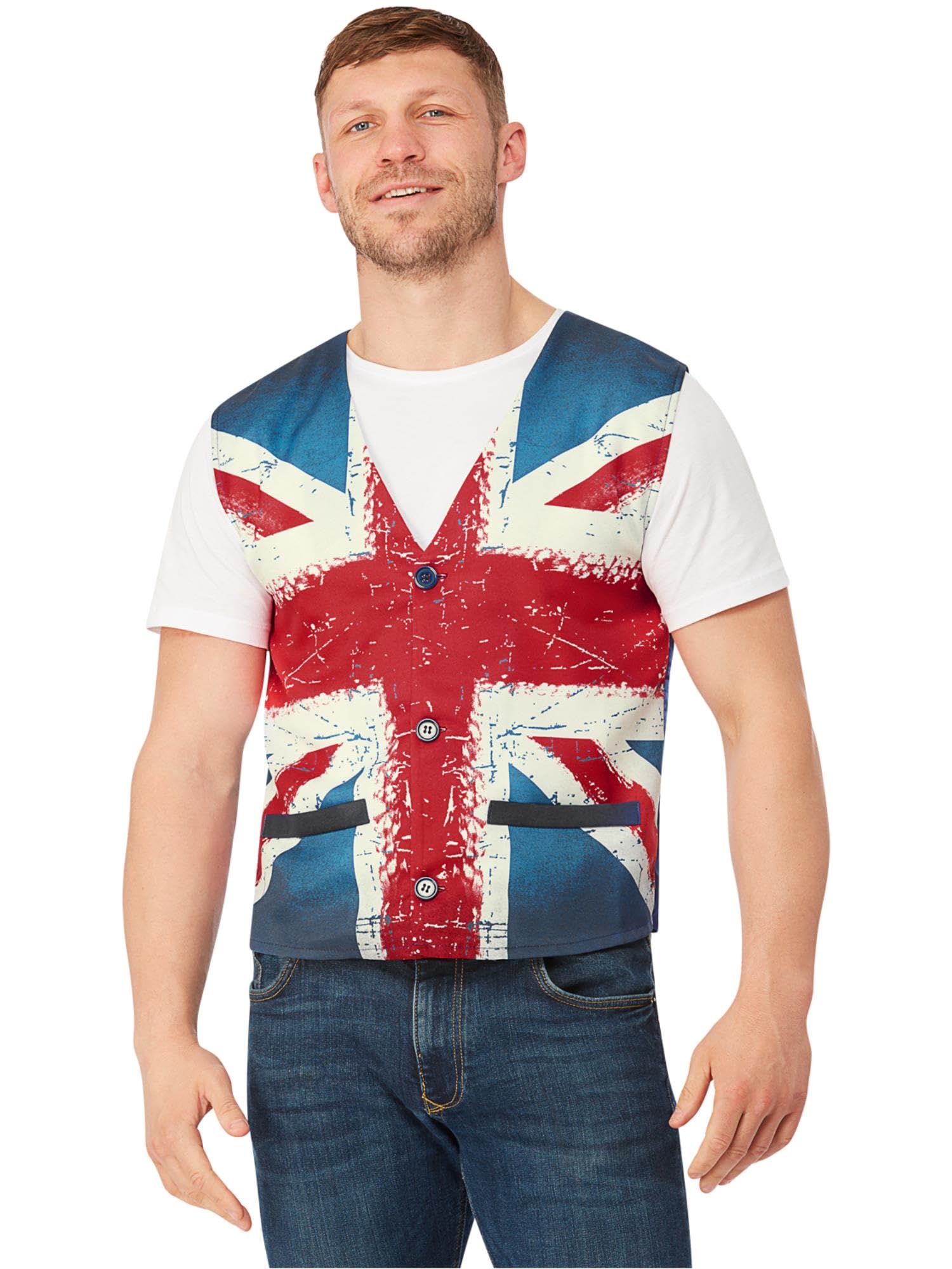 Smiffys UNION JACK WAISTCOAT Vintage Style Print, Union Jack Fancy Dress, Union Jack Dress Up Costumes
