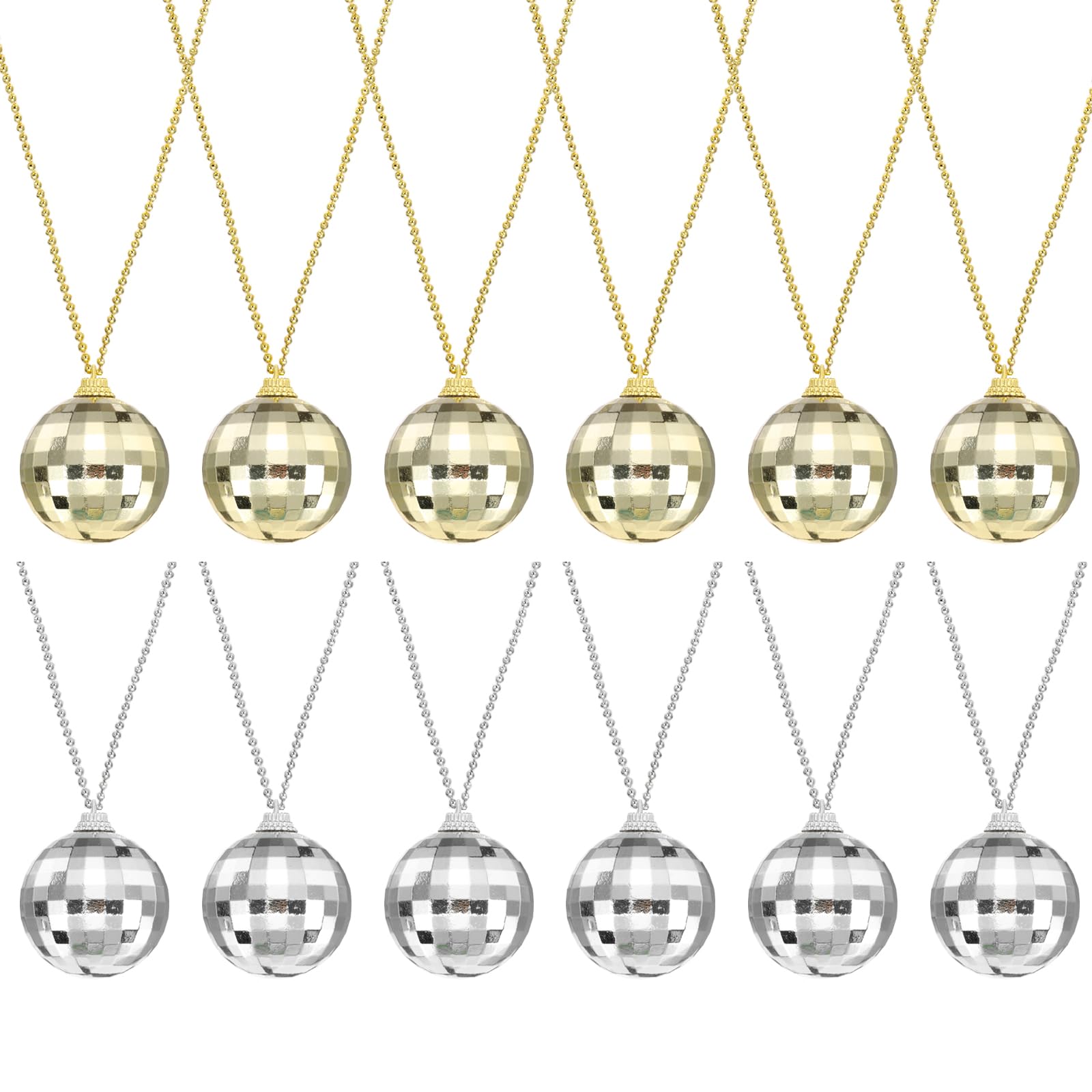 sourcing map Mirror Disco Ball Necklace, 1.5" 70s Disco Party Necklaces for Costume Game Dance Supplies Birthday Parties Festival Jewelry Accessories, (Silver/Gold, Pack of 12)