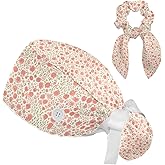 Scrub Caps Women Nursing Hats Floral Flowers with Buttons Ponytail Working Adjustable Pouch Tie Back