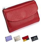 Premium Leather Wallet, Multi-Slot Card Holder with ID Window, Zipper Coin Purse, First Layer Leather (Red)