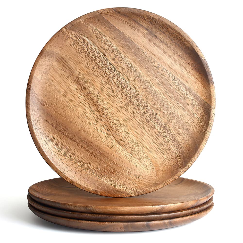 AOOSY Wooden Plates, Acacia Wood Dinner Plates, Round Serving Tray Or Serving Dishes All Natural Charger Plates Table Decor, 10 Inch Wood Plates Set of 4,Housewarming Gift