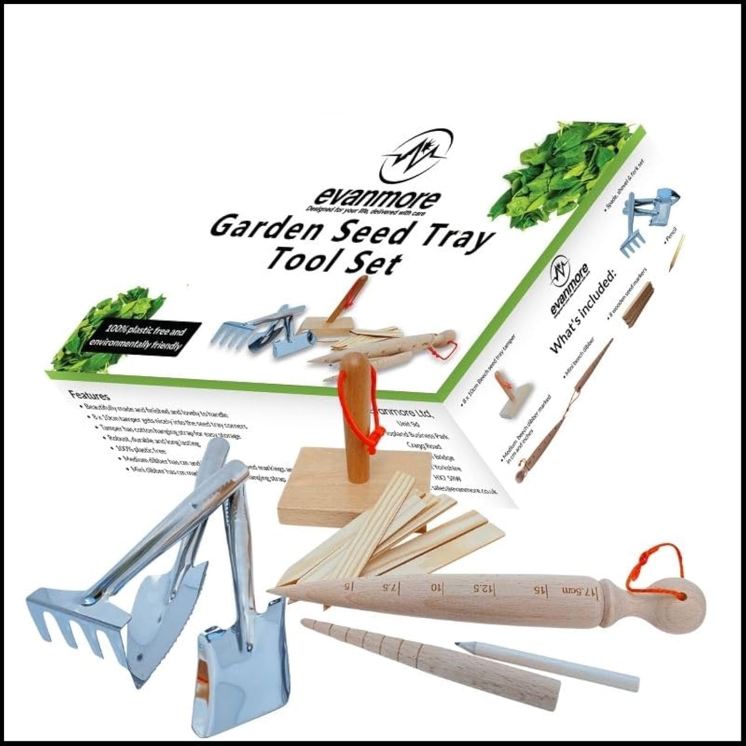 Garden Seed Tray Tool Set - Wooden Soil Tamper, Large & Small Dibber, Fork, Rake and Trowel, 8 Seed Marker Labels & Pencil. 100% Plastic Free & Environmentally Friendly