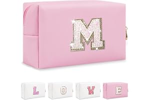 CHAOGREAT Small Personalized Initial A-Z Patch Makeup Bag,Pink Cute PU Leather Glitter Letter Cosmetic Bag for Teen Girls,Travel Toiletry Bag with Zipper,Preppy Monogrammed Birthday Gift for Daughter Niece M