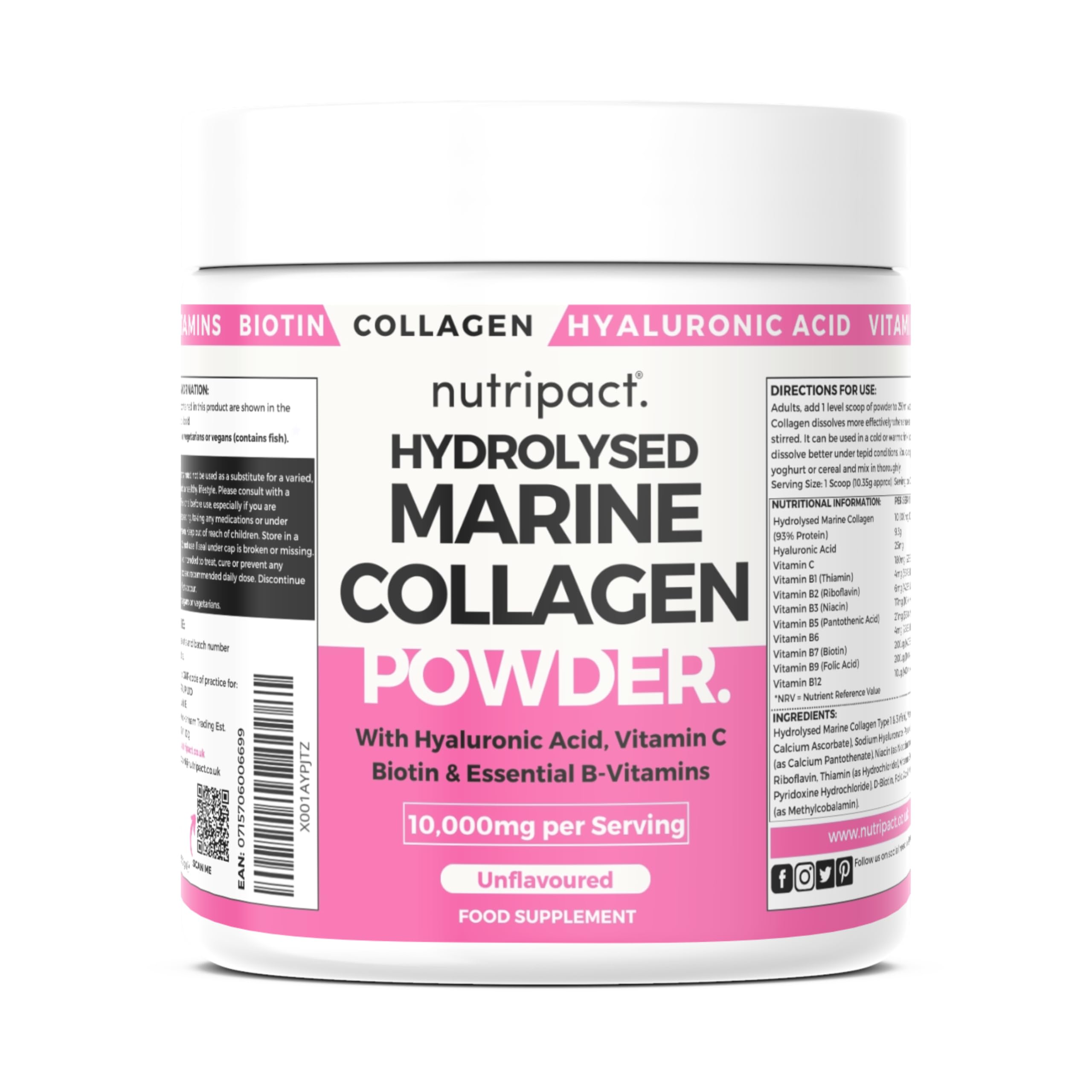 Nutripact Marine Collagen Powder with Hyaluronic Acid, Biotin, Vitamin C & B Vitamins 10,000mg Hydrolysed Collagen Peptides Types 1 & 3, Unflavoured, Odourless, Highly Bioavailable – 30 Servings, 300g