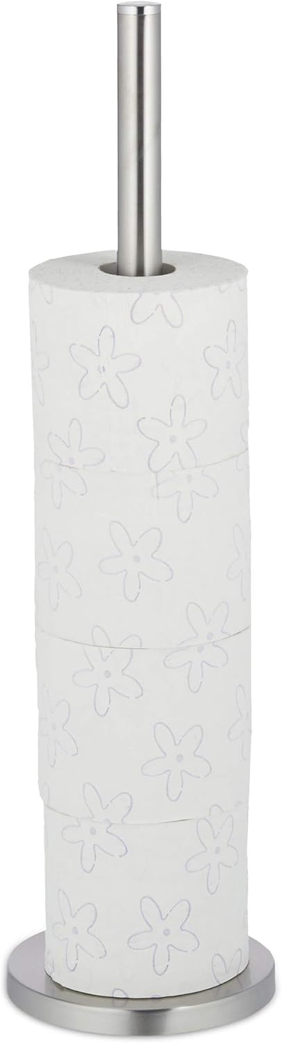 Relaxdays Toilet Paper Storage Holder, For 5 Rolls, Freestanding, Metal, Spare Rack, HxD: 55 x 15 cm, Silver