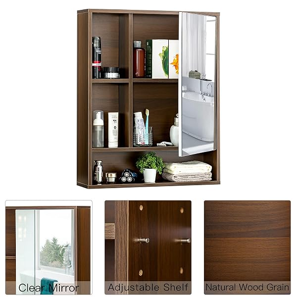 CHOOCHOO BATHROOM WALL MIRROR CABINET, MEDICINE CABINET WITH SINGLE DOOR AND ADJUSTABLE SHELF, OVER THE TOILET SPACE SAVER STORAGE CABINET, WALNUT