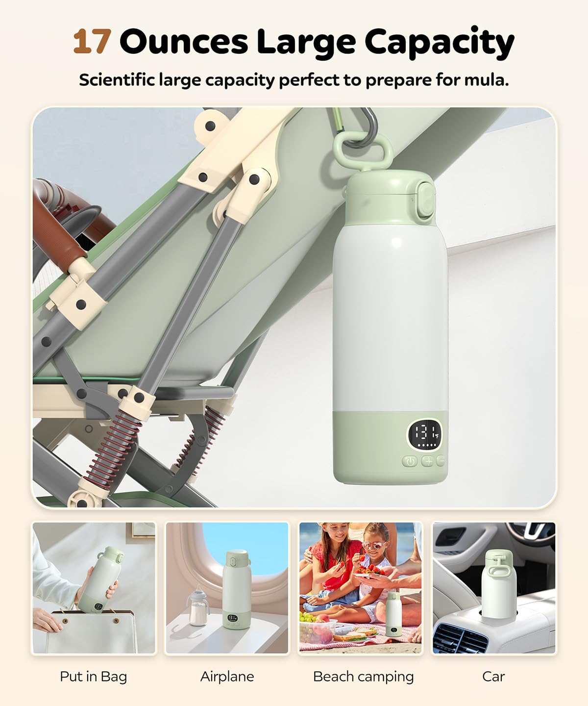 Portable Bottle Warmer 17oz Bottle Warmer for Breast Milk Formula & Water, Fast Heating, Long Battery Life & Large Capacity, Suitable for Baby Outdoor Travel Green