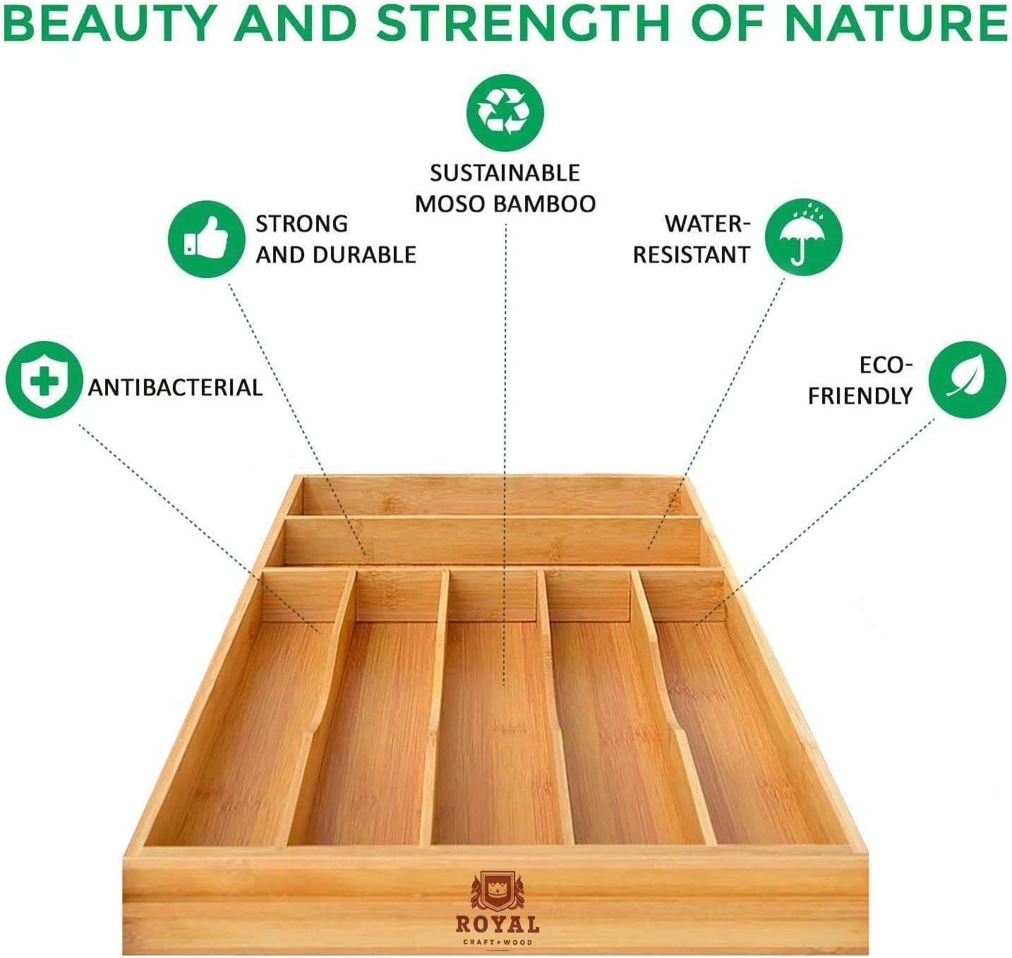 Bamboo Kitchen Drawer Organizer - Expandable Silverware Organizer/Utensil Holder and Cutlery Tray (Natural bamboo) -
