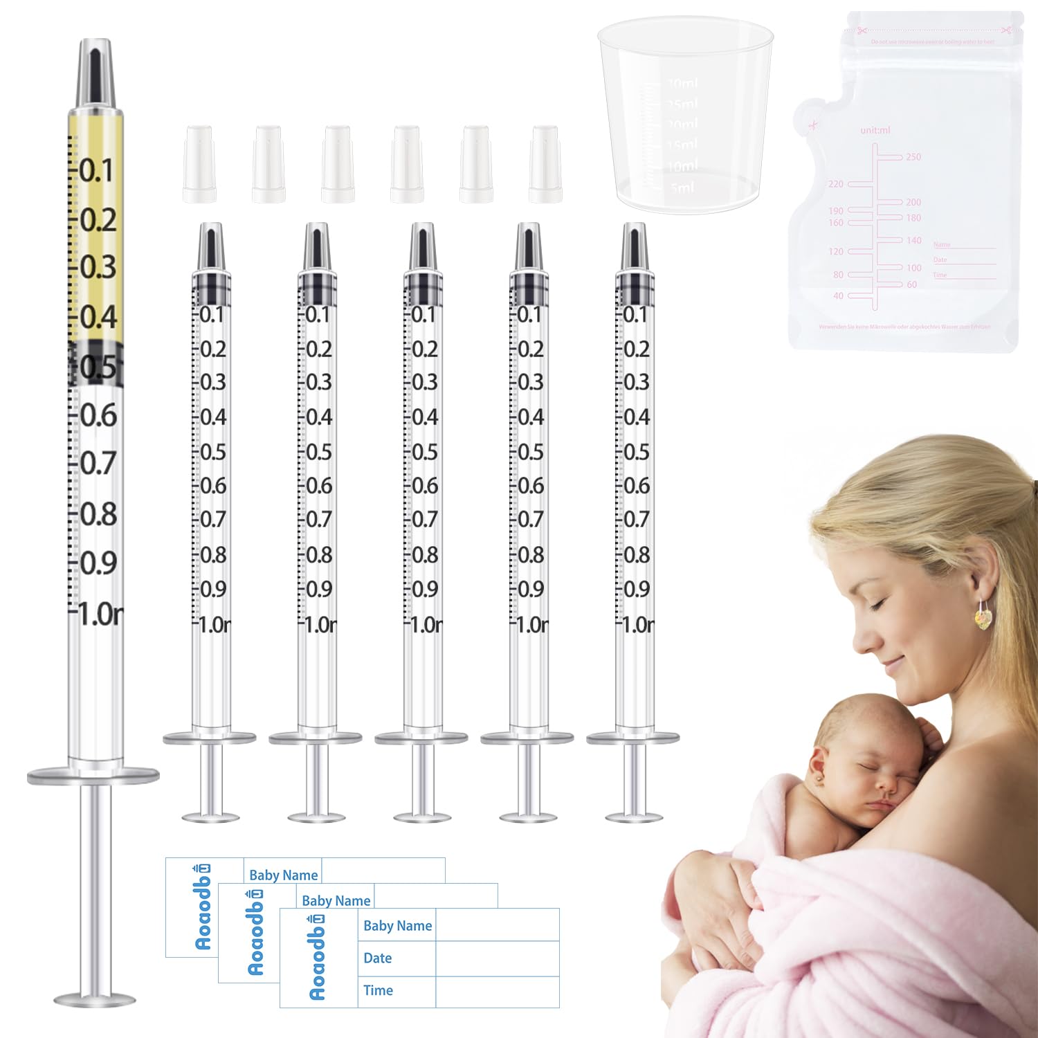 Photo 1 of ?Colostrum Collector Kit Include 50pcs 1ml Sealed Breast Milk Collector No Needle Colostrum Syringes 5 Breastmilk Storage Bags and 1 piece 30 ml measuring cup with 50 Stickers