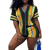Symina Summer 2 Piece Short Sets For Women Crochet Short Sleeve Shirt and Shorts Matching Set Vacation