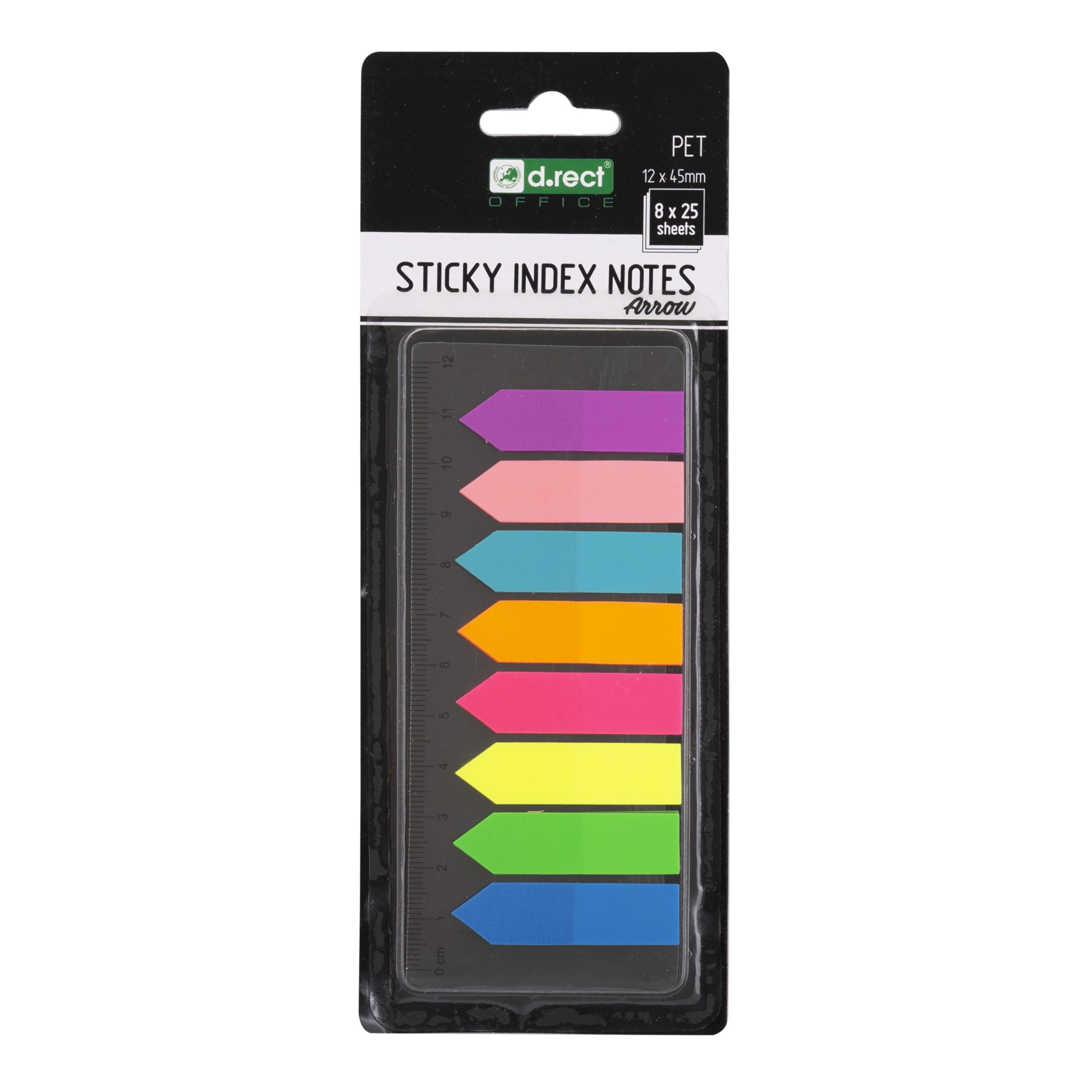 D.RECT Index Tabs PET Film 12 x 45 mm 8 x 25 Arrows with Rulers, Multicolor, 110505