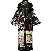 Women's Plus Size Floral Robes Long Satin Kimonos Bathrobes Patterned Long Silky Sleepwear Loungewear