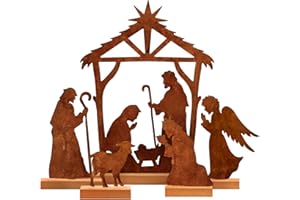 KPX Set of 5 Metal Nativity Scene Set Tabletop Decor, Rusty Steel Vintage Christmas Decoration Table Centerpieces - Farmhouse Xmas Holiday Decor for Room Fireplace Shelf (The Nativity)
