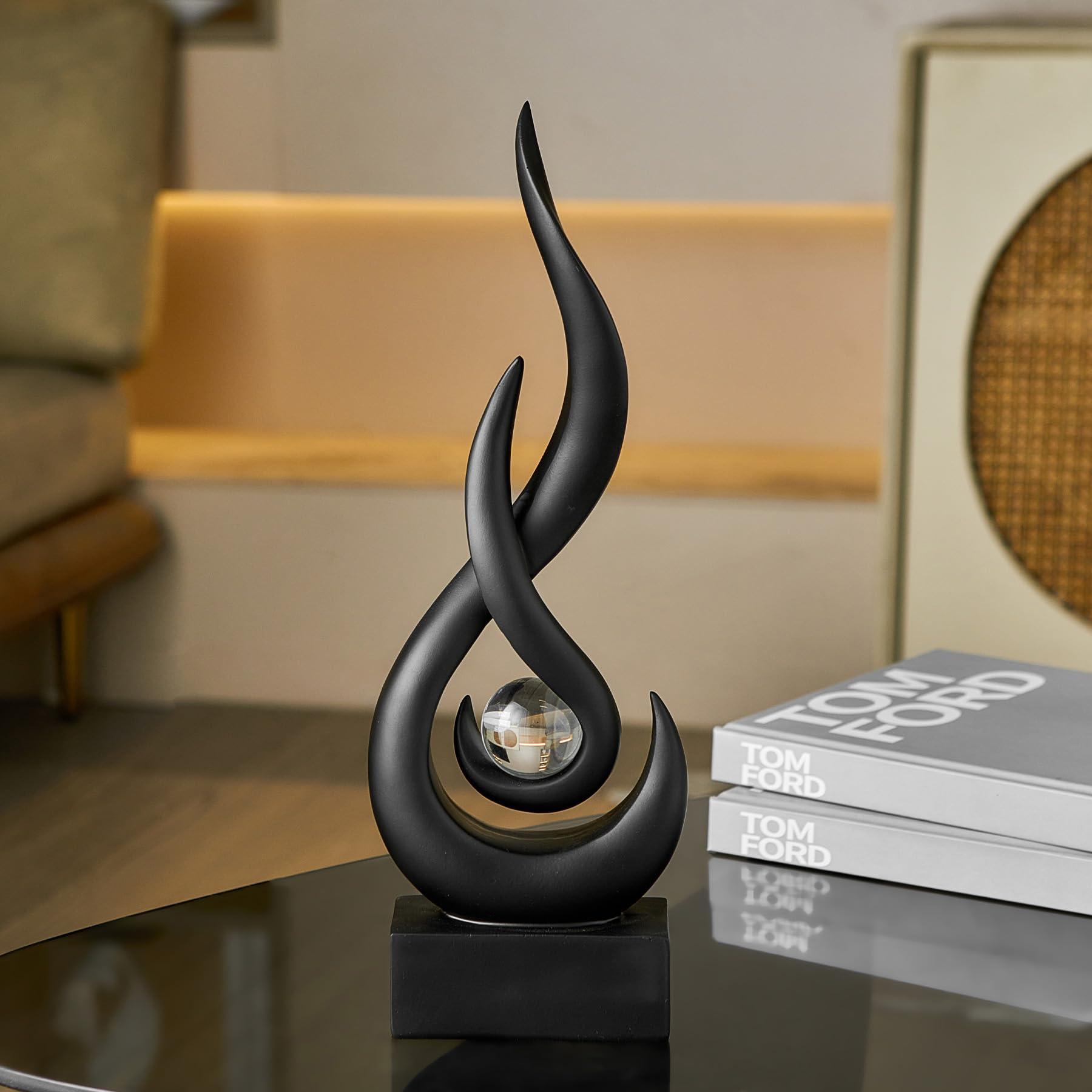 Photo 1 of Octdays Black Abstract Statue Sculpture Decorations, Modern Sculptures Home Décor Accents, Resin Art Flame Figurines for Living Room Table Centerpiece Office Desk TV Stand Decor