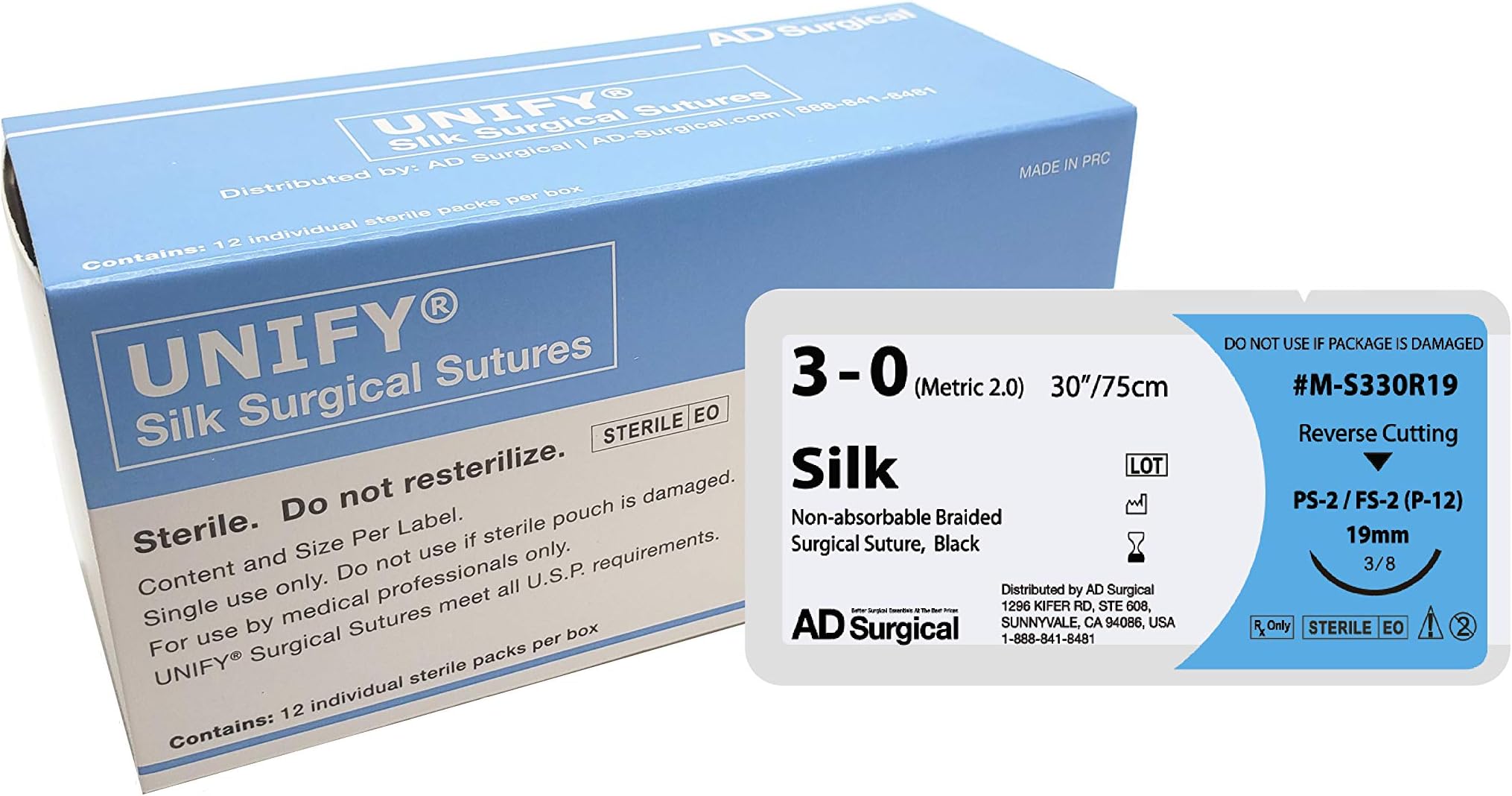 Unify Surgical Silk Sutures. #M-S330R19 Non-Absorbable. Braided Black. Size 3/0. 30" Thread with Needle 19mm 3/8 Cir R/C. Box of 12.
