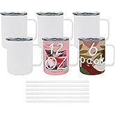 JYLJINGYULI 6 Pack 12 oz Sublimation Tumblers with handle Coffee Blanks, with Lid and Straw Cups Blank Bulk, Straight Skinny Insulated Cup Stainless Steel Water Bottle for Craft DIY…
