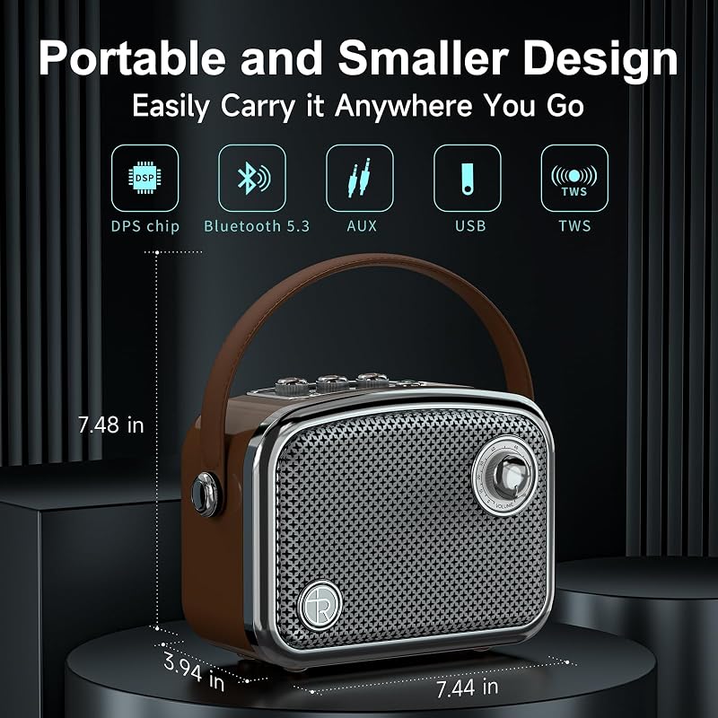 Altavoz Bluetooth portátil Estilo Vintage, marrón, diseño Retro con Rejilla de Malla metálica, Forma Cuadrada compacta (Marrón) — foto 4 de 8