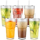 CWHHRN 20 oz Glass Cups with Lid and Straw 2 Set, Glass Tumbler with Straw and Lid, Vintage Glassware for Whiskey Cocktail Beer, Iced Coffee Cups with Lid (6 PACK)