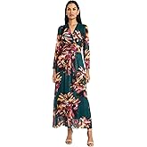 Maggy London Womens Women's Floral Maxi Wrap Dress - Long Sleeve V-Neck - Elegant Wedding Guest Dress