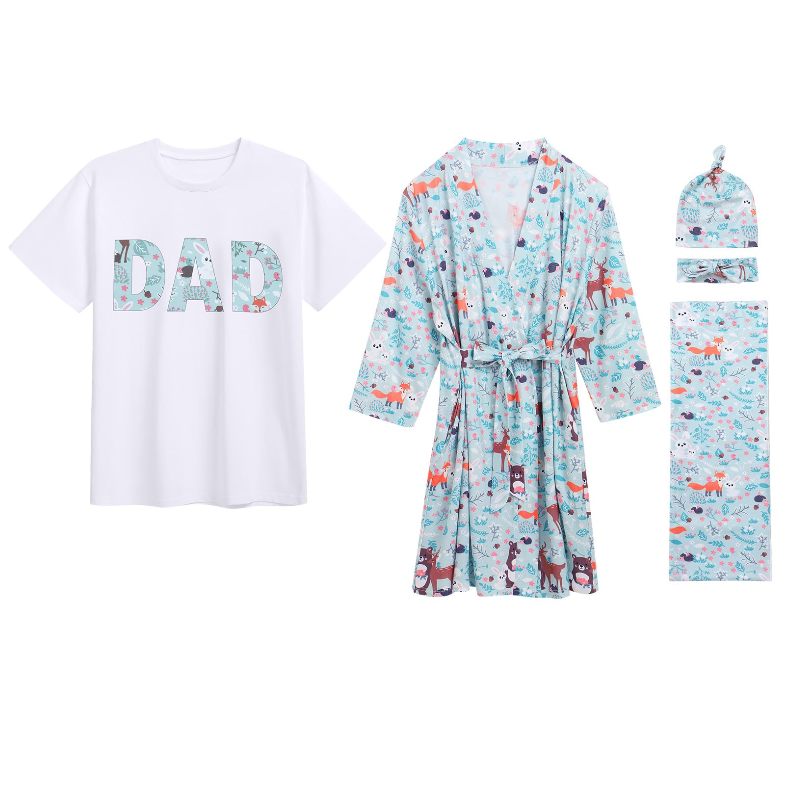 Photo 1 of Mommy and Me Robe and Swaddle Set Animal Maternity and Baby Matching Hospital Labor Delivery Swaddling Wrap Blanket T-Shirt with Headband Hat for Mom Dad Girls Boys Outfit Blue Fox Giraffe 4pcs L/XL
