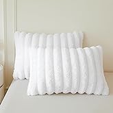 MEGO Pack of 2 Fluffy Faux Rabbit Fur Pillowcases, Soft Striped Plush Fuzzy Bed Pillow Cases with Zipper, Farmhouse Shaggy Furry Ribbed Long Pillow Covers for Kids Teens Adults 20x26, Standard, White