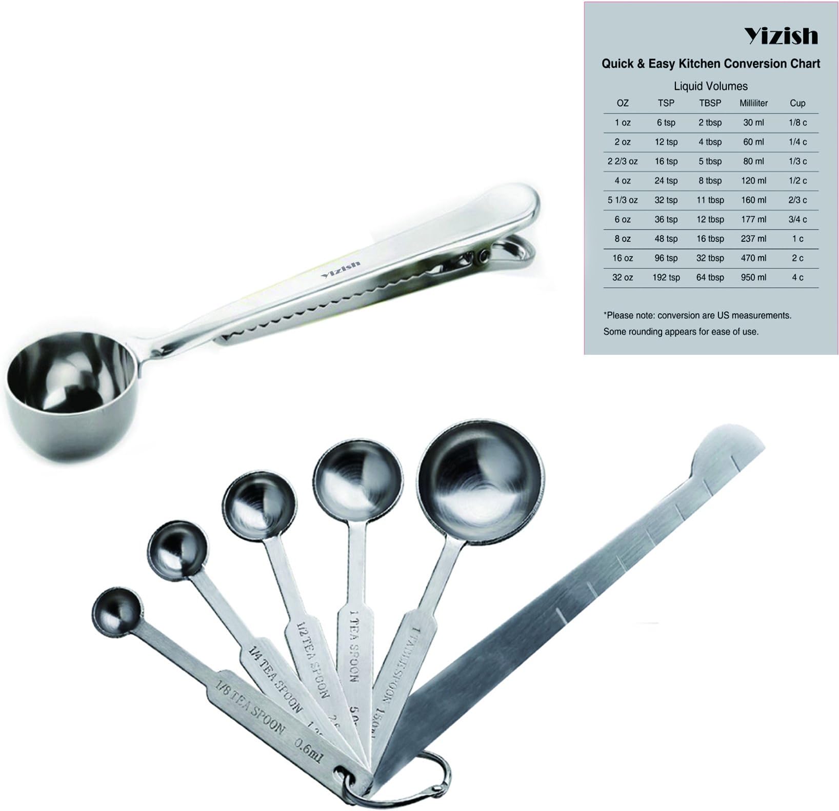 Yizish 304 Stainless Steel Measuring Spoons with Measuring Ruler, Scoop with Clip, Kitchen Conversion Chart Set of 8 for Baking and Cooking
