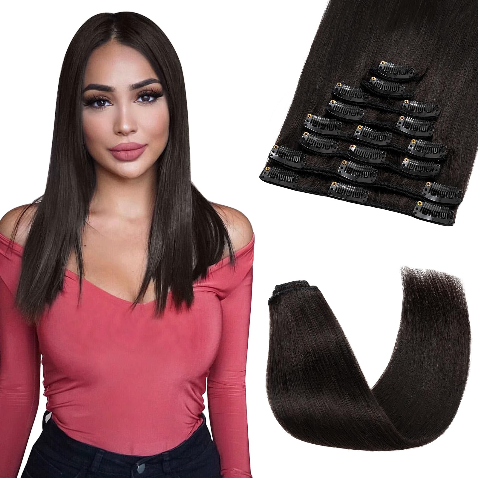 SEGOHAIR 8 PCS Clip in Real Human Hair Extensions, 14 inch Thin Full Head, Straight, Natural Black (60g) — image 1