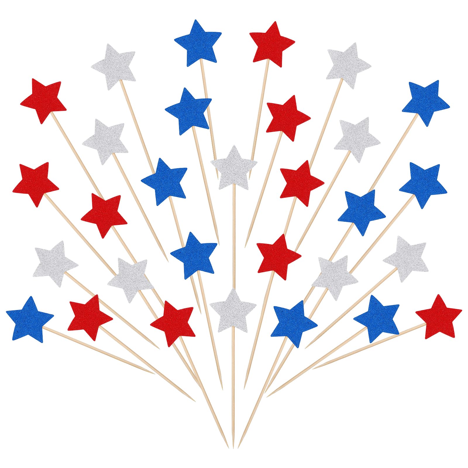 Photo 1 of 30 PCS Glitter Star Cupcake Toppers Patriotic Red White and Blue Decorations Engagement Cupcake Toppers Star Birthday Decorations American National Party Cake Decorations Star Decorations Supplies