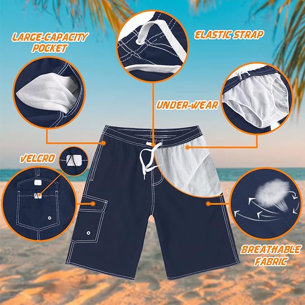 SRNEDE MENS SWIM TRUNKS SWIMMING TRUNKS SWIM SHORTS QUICK DRY 11 INCH WITH MESH LINING FUNNY SWIMWEAR BATHING SUITS NAVY