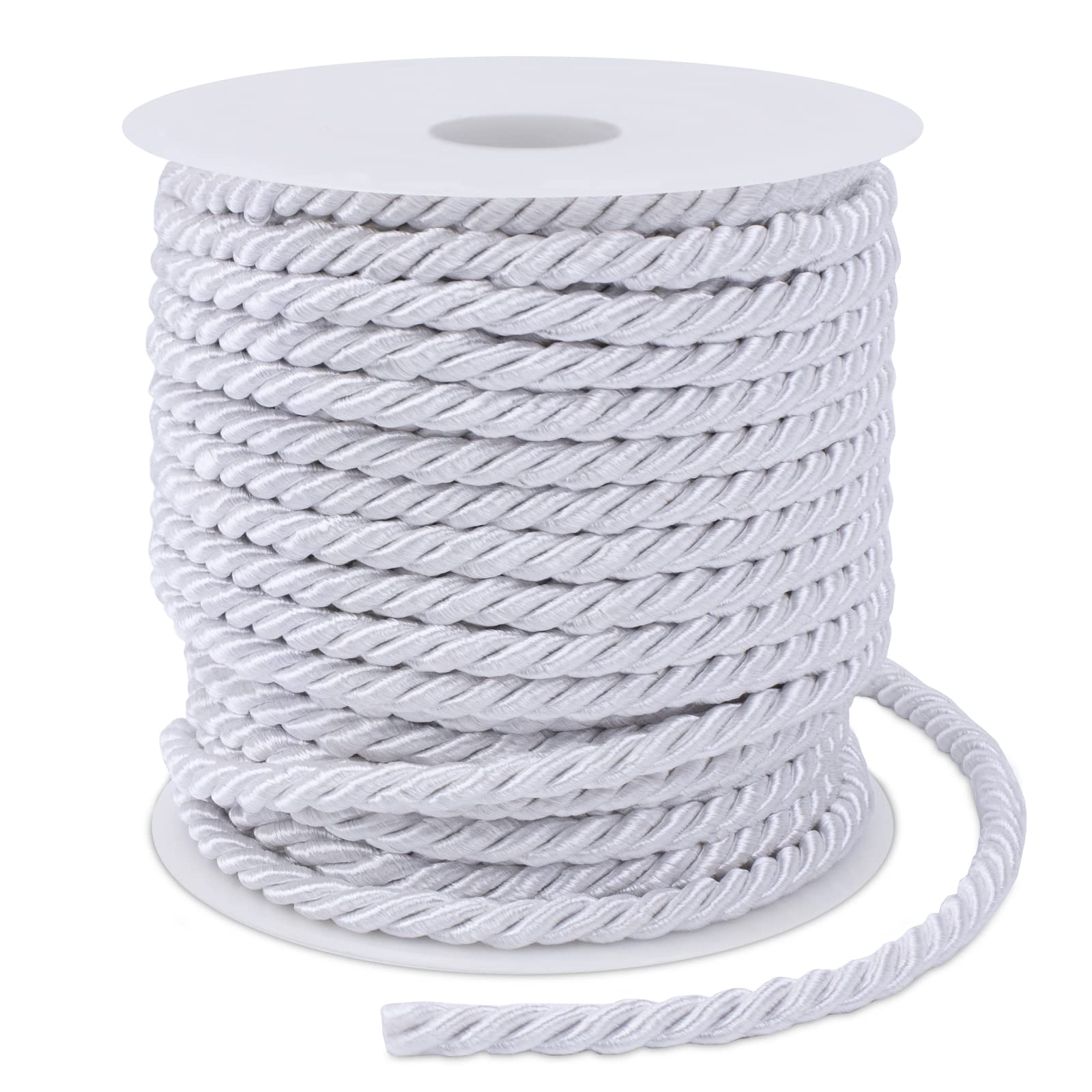LEREATI White Twisted Cord Rope 5mm x 25m, 3-Ply Polyester Cord Soft Craft Rope Satin Cord Trim, Decorative Twisted Macrame Cord for DIY Craft Curtain Tieback Honor Cord Gift Bags Home Decor