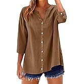 LOMON Womens 3/4 Sleeve Button Down Shirts Cotton Linen Roll Up Short Sleeve Tops V Neck Casual Loose Fit Blouses