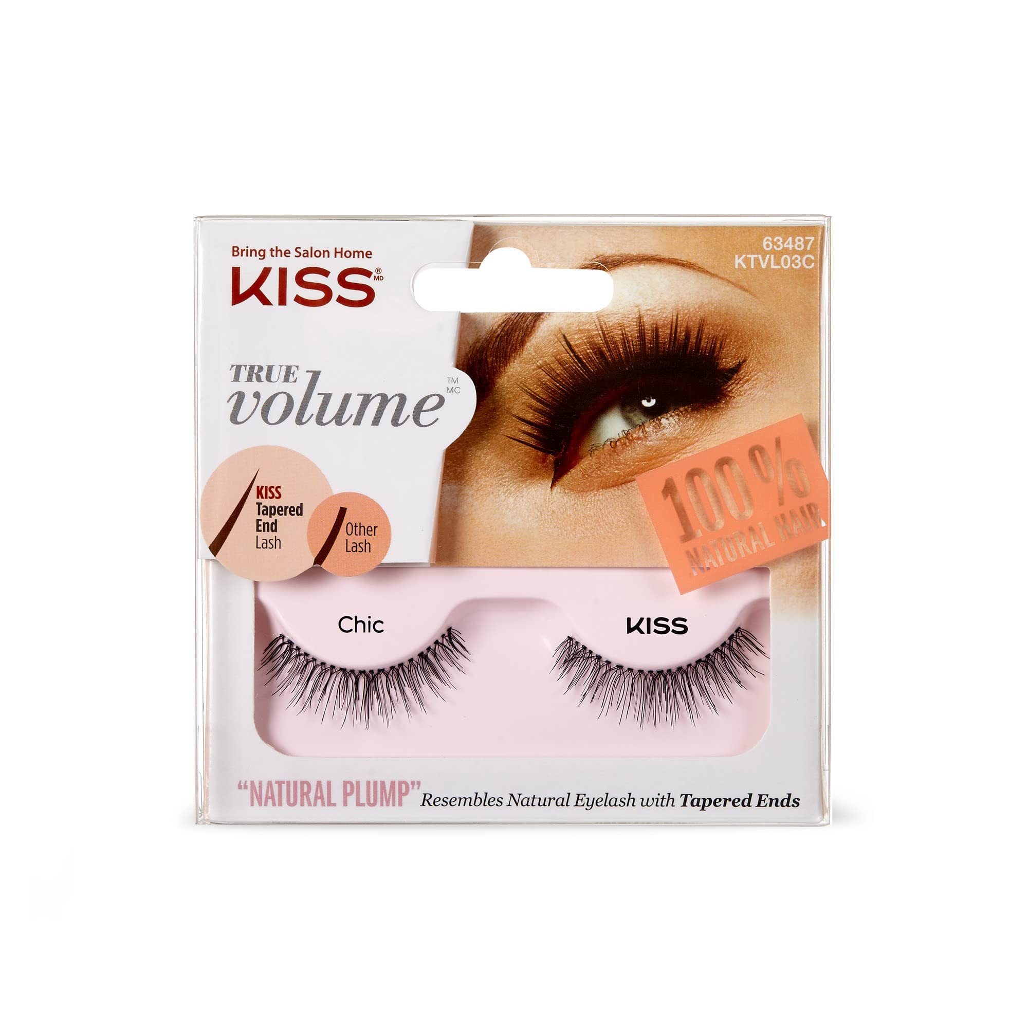 KISS True Volume Collection 1 Pair of False Lashes, Chic, 100% Natural Hair Fake Eyelases with Tapered End Technology includes Lash Glue
