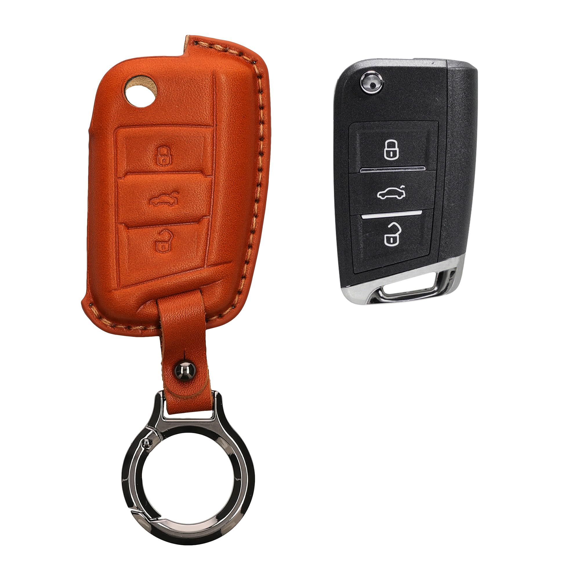 kwmobile Leather Key Cover Compatible with VW Golf 7 MK7 3 Button Car Key Key Cover - Genuine Leather - Brown