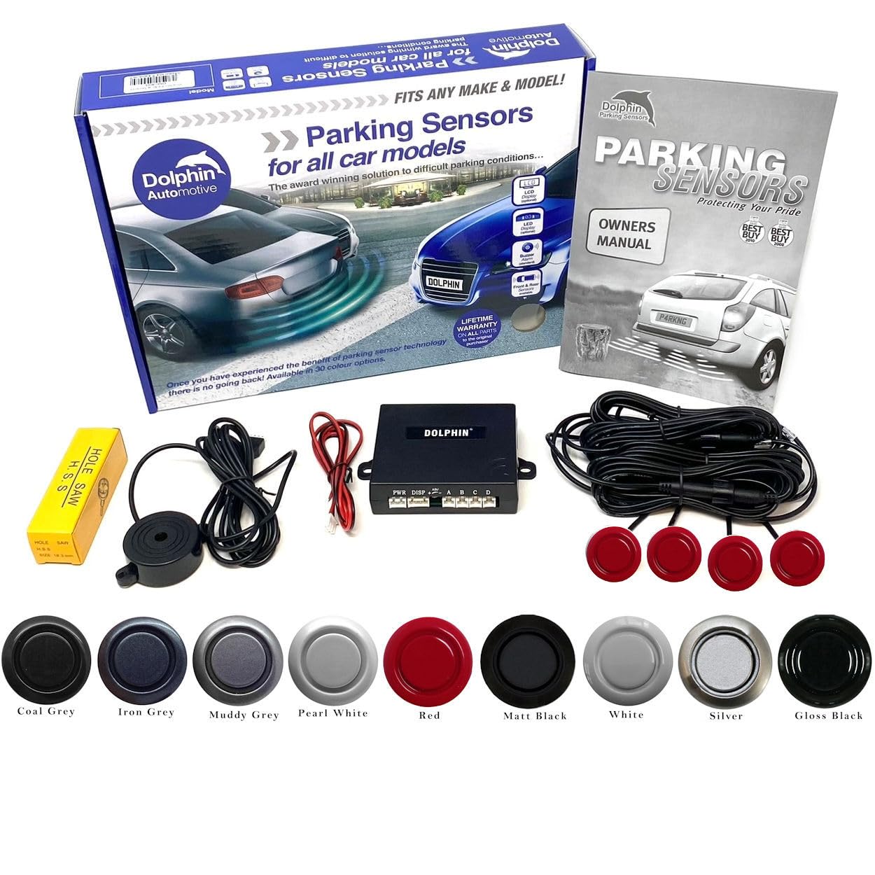 Dolphin Automotive DMS400 Micro Size Reverse Parking Sensors - 4 Rear Sensors With Audio Alerts - Auto Express Award Winning Brand In 9 Colours (Red)