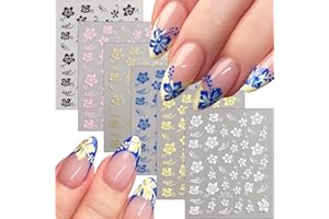 FSpronail Hibiscus Flower Nail Stickers, 6PCS Hibiscus Flowers Nail Decals 3D Self-Adhesive White Pink Colorful Hawaiian Floral Sticker for Nails Cherry Blossom Nail Design Summer Decoration Manicure