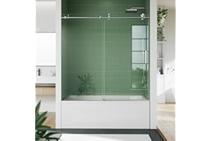 ELEMENTOOL Frameless Bathtub Shower Door, 56–60 inch W x 59 inch H Sliding Tub Door, 8mm Tempered Glass, Stainless Steel Round Rail & 55 Rollers, One Fixed and One Sliding Panel, Brushed Nickel Finish