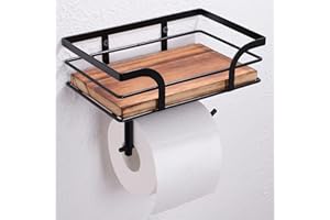 AIDILI Rustic Farmhouse Toilet Paper Holder with Shelf - Farmhouse Bathroom Rustic Country Decor - Rustic Bathroom Accessories with Warm Brown Wood Shelf for Wipes&Cell Phone&Reading, Black Metal