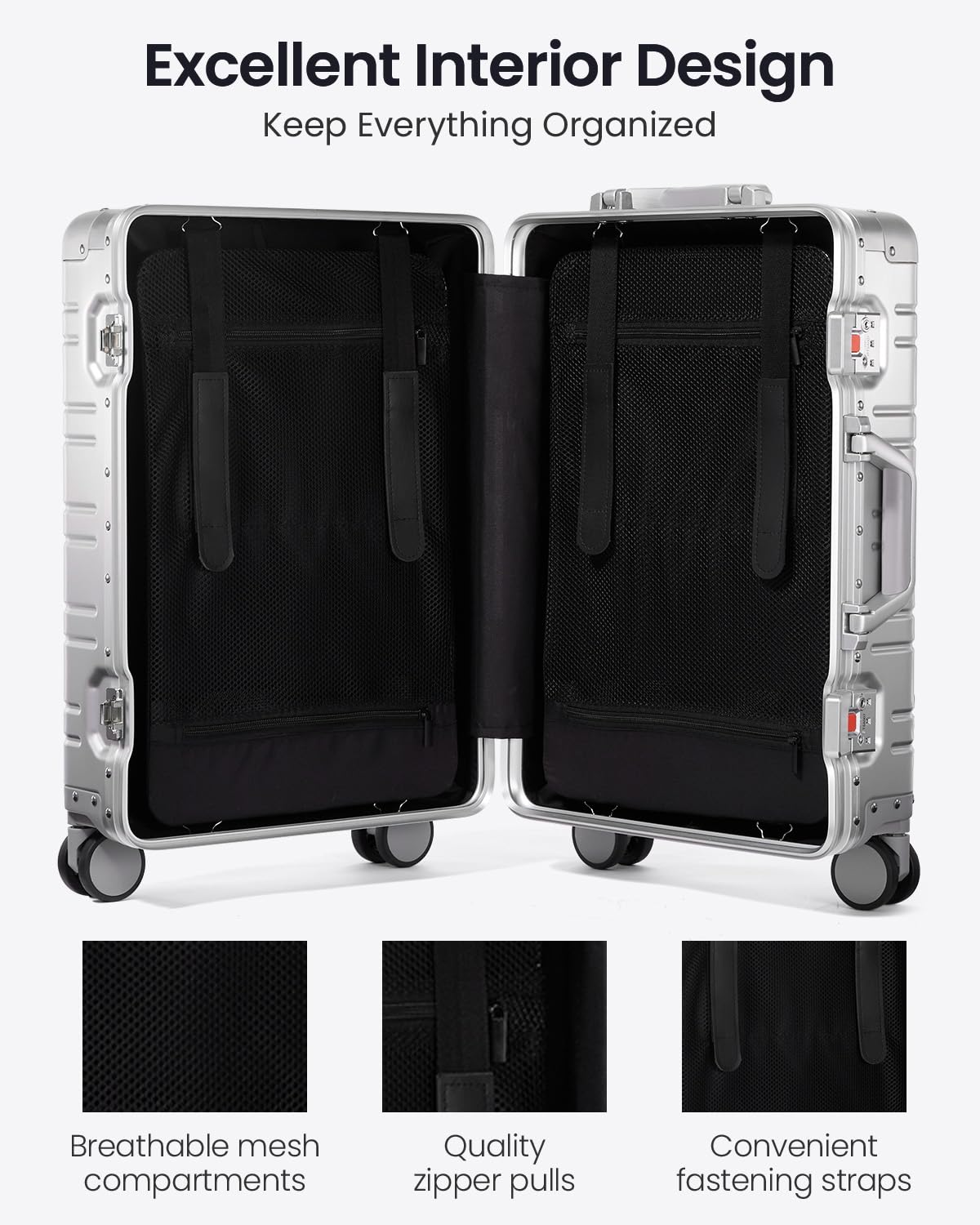 UrbanExplorer All Aluminum Carry On Luggage Hard Shell Suitcases with Spinner Wheels Zipperless Luggage 20 inch Small Carry On Suitcase for Short Trips, Sliver