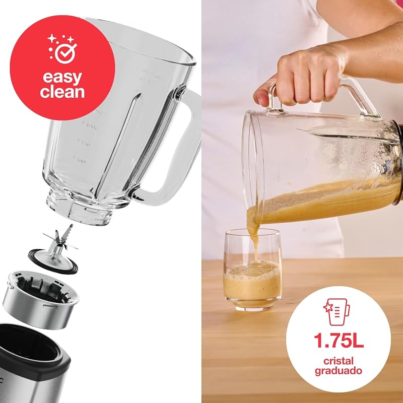 BV5728 Beauty and the Beast 1500 - Batidora de vaso, 1500W, cuchillas 6 filos de acero inoxidable, 2 velocidades + Turbo, pica hielo, jarra cristal graduada 1.5L, boca llenado, sistema seguridad