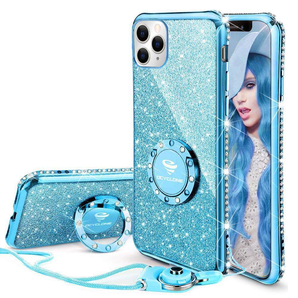 OCYCLONE iPhone 11 Pro Case, Cute Glitter Sparkle Bling Diamond Rhinestone Bumper with Ring Kickstand Women Girls Soft Blue Protective Phone Case for iPhone 11 Pro [5.8 inch] 2019 - Blue