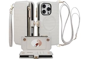 Stylivolve Crossbody Wallet Case for iPhone 16 Pro with Mirror, Wrist Strap, Zipper Purse Magnetic Flip RFID Blocking Card Holder, Wireless Charging, PU Leather Shockproof 6.3" Women (White)